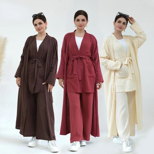 Ropa étnica Conjunto de mujeres Dubai Turquía Color sólido Algodón Casual Talla grande Cardigan Conjuntos musulmanes de dos piezas Caftan Kaftans Islam