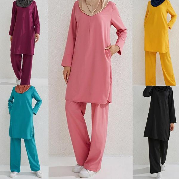 Vêtements ethniques Les femmes se fixent des musulmans deux pièces conviennent à l'islam longs chemises Tops et pantalon droit pantalon lâche tenues de dinde abaya