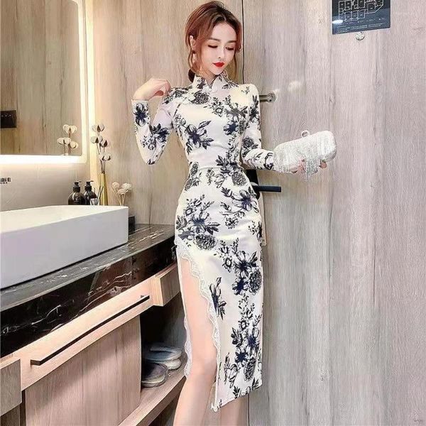 Ropa étnica Mujeres Sexy Club Bodycon Vestido de encaje Estilo chino Retro Cheongsam Impresión clásica Qipao Tradicional Cheongsams Mangas largas