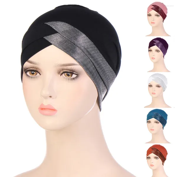 Vêtements ethniques Femmes Brillant Front Cross Chapeau de prière Foulard Pull Musulman Hijabs Headcloth Turban Bandanas Bottom Cap Coiffe