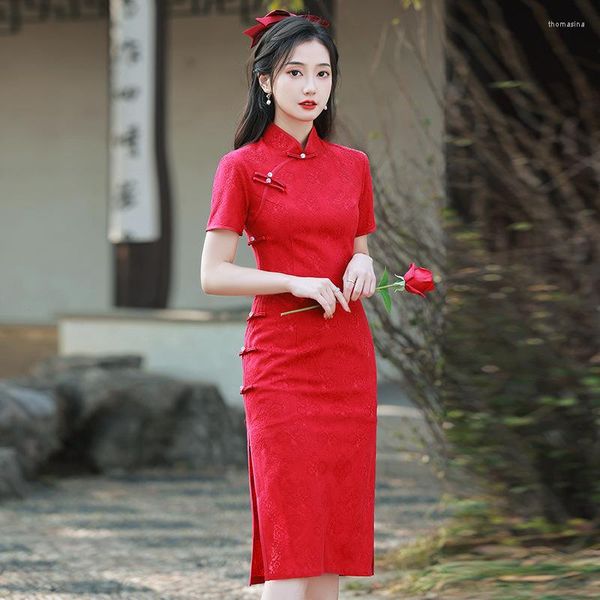 Vêtements ethniques femmes à manches courtes améliorer la robe de mariée rouge été moderne Cheongsam traditionnel mode bouton Qipao