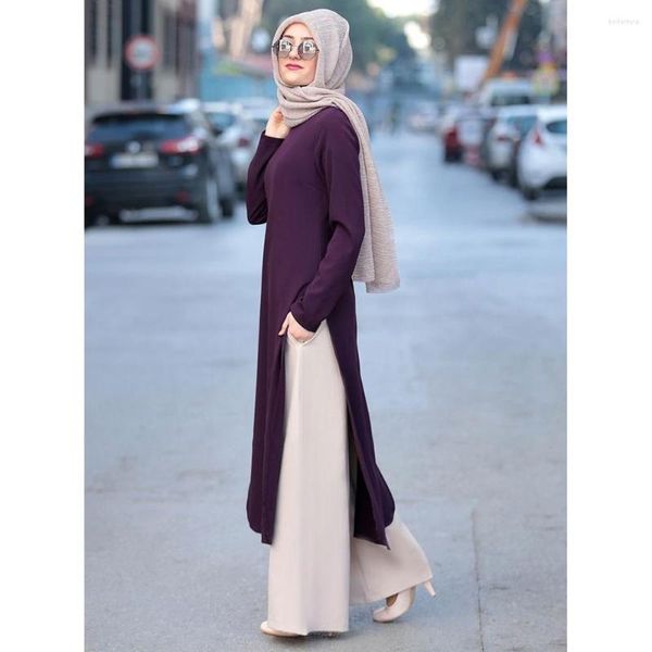 Ropa étnica Mujeres Side Split Maxi Top Plus Tamaño Traje Manga larga Sólido Abaya Ramadán Eid Kaftan Robe Marroquí Dubai Islámico Judaico