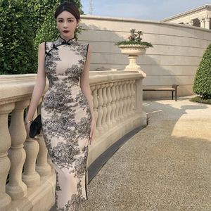 Vêtements ethniques Femmes Slim Élégant Cheongsam Style Chinois Paysage Peinture Rétro Imprimer Qipao Robe De Soirée Vintage Vestidos Sans Manches Dres