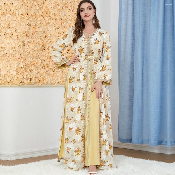 Vêtements ethniques femmes printemps musulman broderie en mousseline de soie deux pièces jupe longue turc Abaya arabe islamique marocain caftan fente v-cou robe