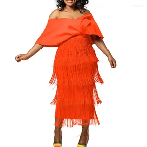 Vêtements ethniques Femmes Robes de soirée à pompon Élégant Col en V Taille haute Mode d'été Robe sexy Robe de banquet à l'épaule Robe midi en dame africaine