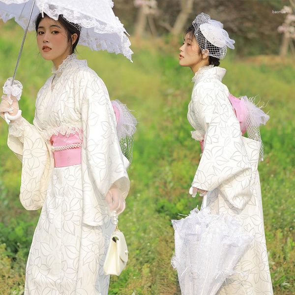 Vêtements ethniques Femmes Robe Traditionnelle À Manches Longues Vintage Yukata Robe Kimono Avec Rose Obi Arc Pographie Porter Performance Cosplay Costume