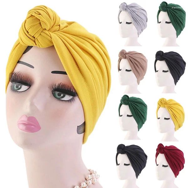 Ropa étnica Mujeres Turbante Bonnet Soild Color Algodón Top Nudo Interior Hijab Caps African Twist Headwrap Ladies Head Wraps India Hat Hijabs