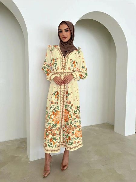 Ropa étnica Mujeres con cuello en V Vestido musulmán Abaya para Dubai Turquía Islam Ropa Casual Medio Oriente Impresión simple Moda Robe largo