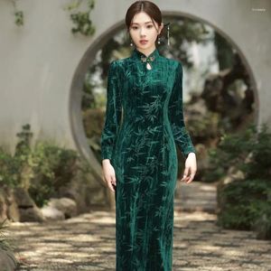 Etnische kleding Vrouwen Velours slanke fit Qipao vintage elegante fluweel met lange mouwen cheongsam herfst winterstijl Chinese traditionele jurken