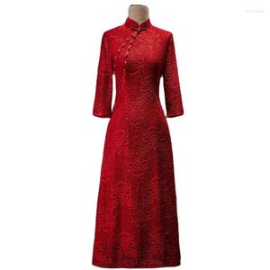 Vêtements ethniques femmes fête de mariage Qipao robe chinoise traditionnelle printemps été longue Cheongsam manches 3/4 avec doublure robes de mariée