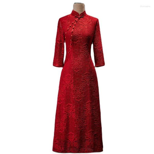 Ropa étnica mujer boda fiesta Qipao vestido chino tradicional Primavera Verano largo Cheongsam 3/4 manga con forro vestidos de novia