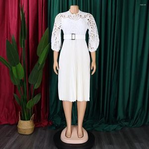 Etnische kleding Dames witte kanten jurk Geplooid uitgehold Patchwork Midi-jurken Bladerdeeg Mouw Lente Zomer Elegant Modefeest Verjaardag