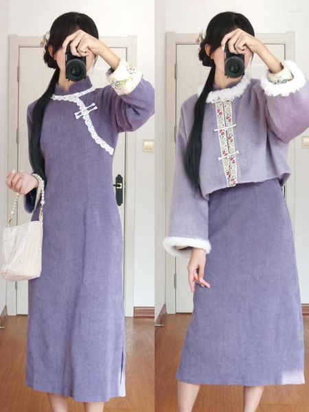 Vêtements ethniques Femmes Hiver Violet Laine Cheongsam Robe En Peluche Vintage Chinois Traditionnel À Manches Longues Robes Épaisses Manteau Court Qipao