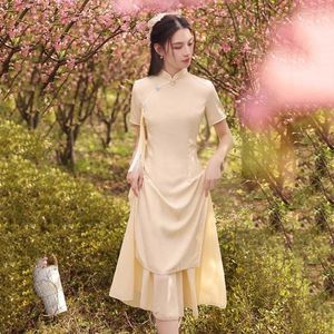 Vêtements ethniques Femmes Jaune Long Cheongsam Été Élégant A-Line Robe améliorée Style chinois Vintage Qipao S à XXL