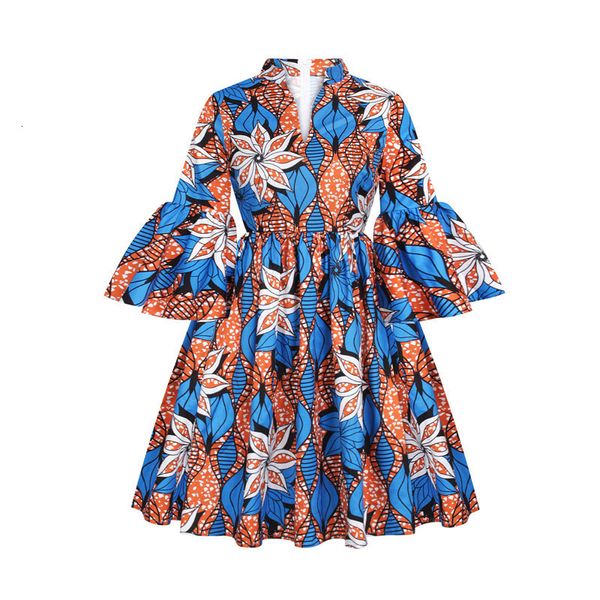 Vêtements ethniques Femmes Africaines Ankara Imprimer Maxi Robe Traditionnelle Tenues Décontractées Tenue Mode Lotus Manches Col V Robes Africaines Femmes 230310