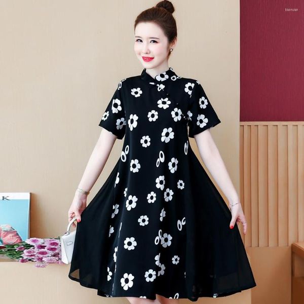 Ropa étnica para mujer vestido negro de talla grande 2023 verano chino Cheongsam Qipao manga corta Swing Vestidos tradicionales