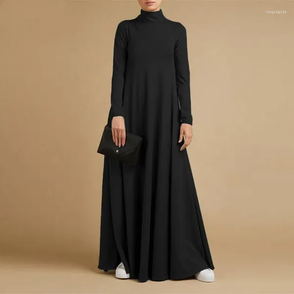 Vêtements ethniques Femmes décontractées Robe maxi à manches longues Mock Neck Robe Abaya Muslim Ramadan Flow Islamic Evening Robe