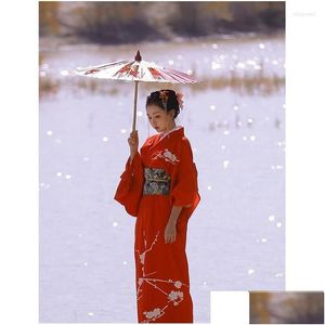 Vêtements ethniques Femmes Kimono Robe Traditionnelle Japon Yukata Petite Robe De Prune Rouge D'hiver Performance Porter Cosplay Polyester Drop Delive Otsn5