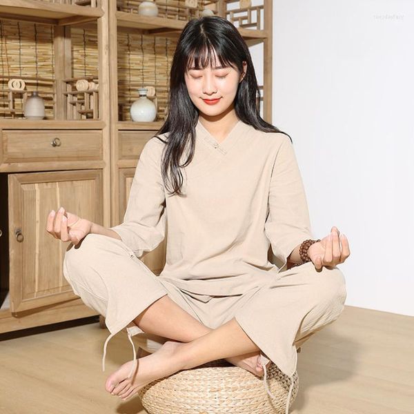 Ropa étnica Wushu Tai Chi uniforme chino tradicional para mujeres algodón Lino Zen meditación Hanfu Tang traje Yoga Fitness