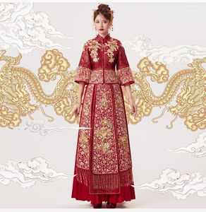 Vêtements ethniques Xiuhe chinois antique robe de mariée femme Cheongsam or mince traditionnel Hexiu femmes Qipao pour la fête