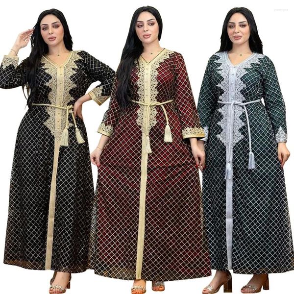 Ropa étnica XQY500036 Vestido de fiesta de lentejuelas de cuentas a cuadros de Abaya musulmana de Oriente Medio con cinturón