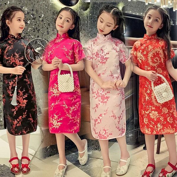 Ropa étnica Año Vestido tradicional chino para niños Tang Qipao Girl Hanfu Moderno Cheongsam Estilo de seda Rojo