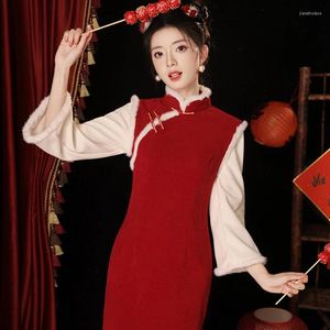 Vêtements ethniques Année rouge Cheongsam Vintage Amélioration Robe traditionnelle chinoise Hiver Épaissi Qipao Femme Plus Taille 3XL Robe de soirée