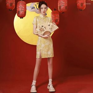 Ropa étnica Cheongsam amarillo en 2023 Qipao Dress Mordern estilo chino Short Fried Street. Mini vestidos