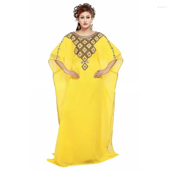 Vêtements ethniques Kaftan jaune grand col rond manches cloche costume traditionnel robe de mariée robe