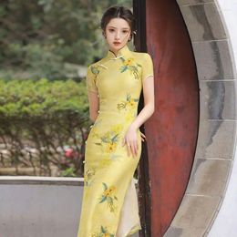 Etnische kleding gele print cheongsam vrouwen verbeterde vintage jurk slim-fit Chinese stijl qipao s naar 3xl met korte mouwen