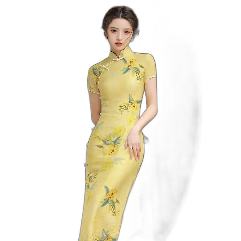 Yellow Print Cheongsam Dress for Women - Vintage Chinese Style Slim-fit Qipao with Improved Short Sleeves (S to 3XL) - ethnic yellow dress