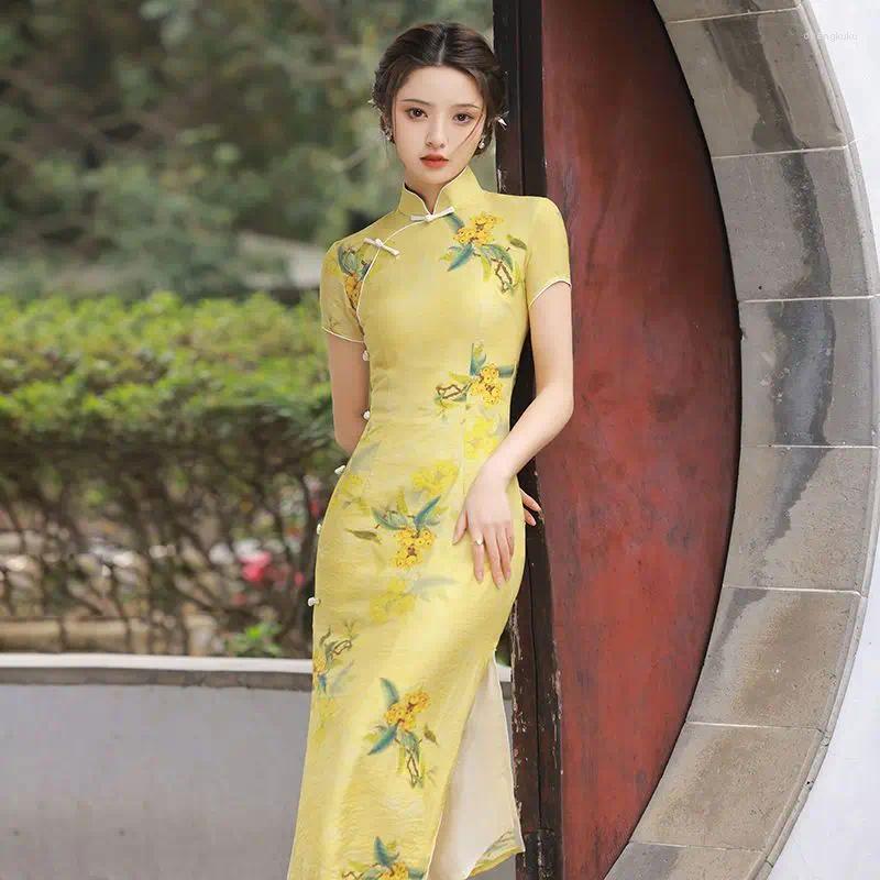 エスニック服黄色のプリントチョンサムの女性は、半袖のビンテージドレススリムフィット中国スタイルのQipao sを3xlに改善しました