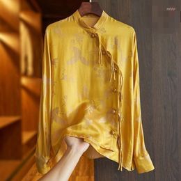 Etnische kleding gele print lente vrouwen shirt zijden stijl tangpak vintage Chinese top eleganti los blouse porselein kleding dd716