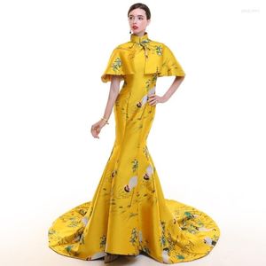 Etnische kleding gele vlek vintage cheongsam lange moderne Chinese traditionele kleding vrouwen qipao bruiloft gewaad chinoise vestido oriëntal