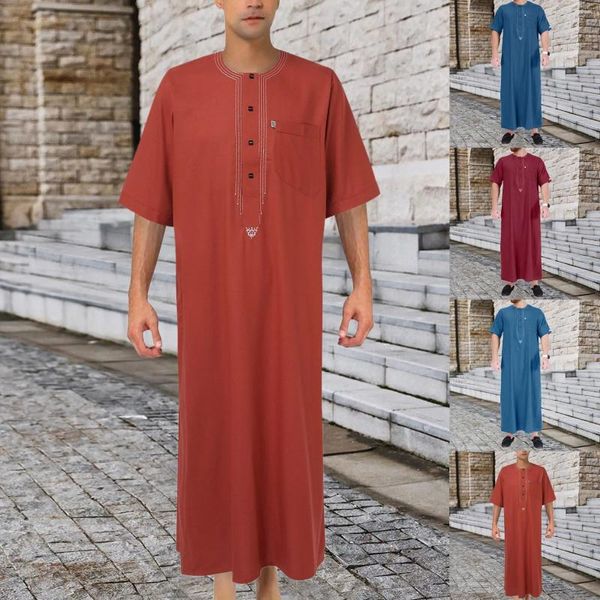 Ropa étnica Yoga Tees Hombres Hombres Cuatro Estaciones Moda Color Sólido Bolsillo Bordado con Botones Musulmán Robe Años Camisa Manga
