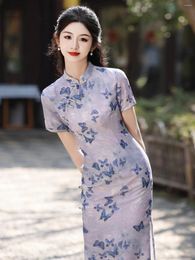 Vêtements ethniques Jeune dame élégante style look soie blanche chic violet cheongsam printemps et été chinois robe à manches courtes quotidienne robe portable