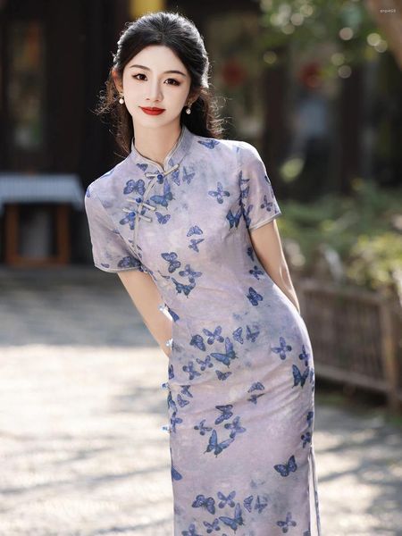 Vêtements ethniques Jeune dame élégante style look soie blanche chic violet cheongsam printemps et été chinois robe à manches courtes quotidienne robe portable