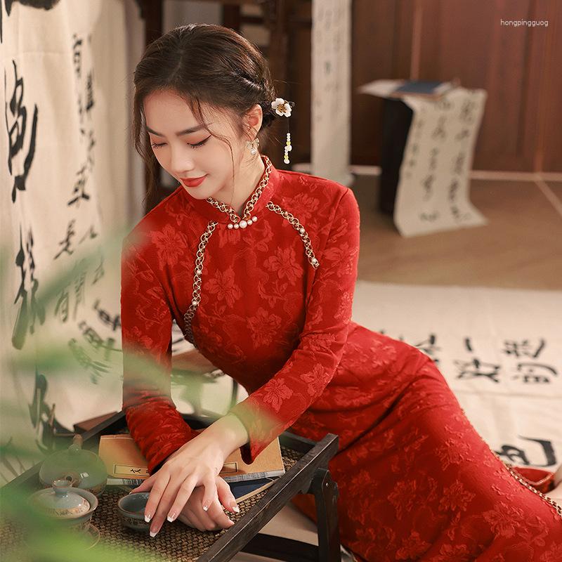 Etnik Giyim Yourqipao 2023 Kırmızı Nişan Cheongsam Gelin Tost Düğün Uzun kollu Çin tarzı gece elbisesi Qipao Kadınlar için
