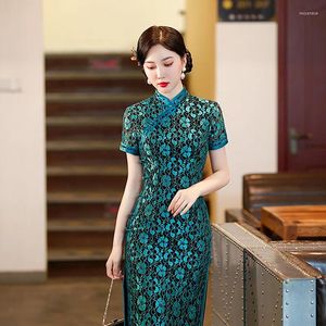 Vêtements ethniques Yourqipao 2024 vert sexy dentelle col montant Cheongsam élégant rétro banquet Qipao chinois robe de soirée traditionnelle pour