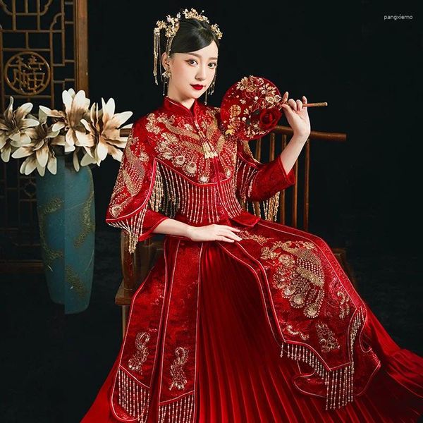 Ropa étnica Yourqipao China Boda Verano 2023 Vestidos de novia tradicionales chinos Temperamento dorado Vestidos de dama de honor Conjuntos