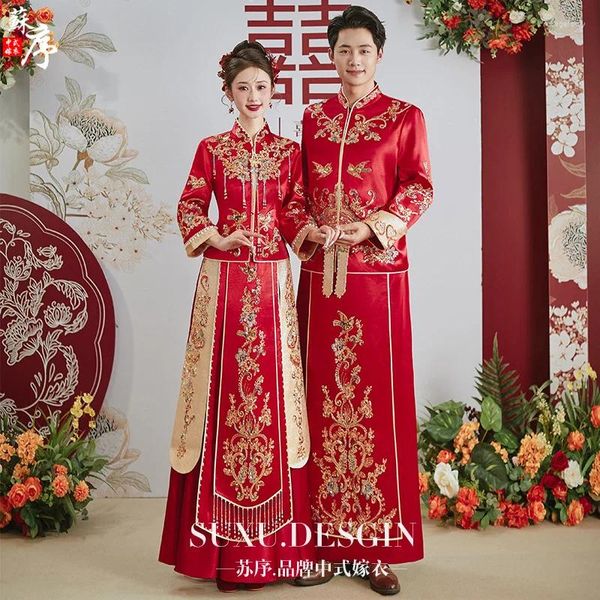 Ropa étnica Yourqipao chino Xiuhe China vestidos de novia tradicionales con cuentas pesadas vestido de tostado nupcial pareja vestidos antiguos conjuntos