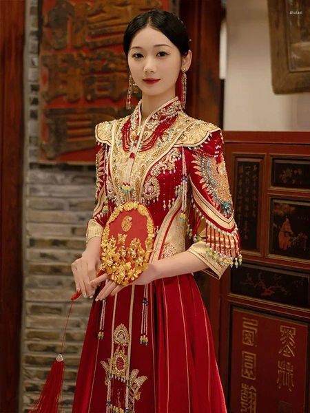 Ropa étnica Yourqipao Plus Tamaño Xiuhe 2023 Verano Chino Hanfu Vestido de novia Brindis nupcial Mujeres Vestido de brillo Robes