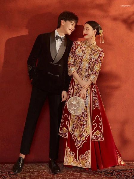 Vêtements ethniques Yourqipao Red Velvet Xiuhe 2023 Mariée Robes de mariée chinoises Robe de mariée antique Femmes Hanfu Robes