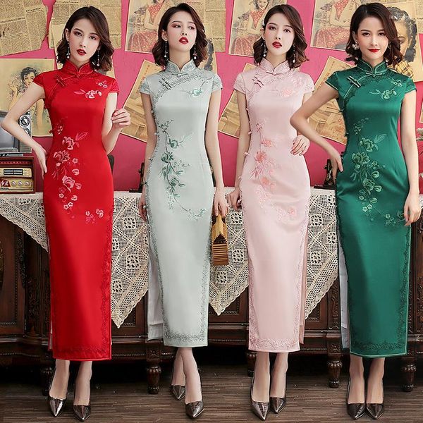 Ropa étnica Yourqipao Seda Bordado Largo Cheongsam 2023 Borde de encaje Mejorado Qipao Estilo chino Vestidos de noche Vestido de ceremonia de mujer