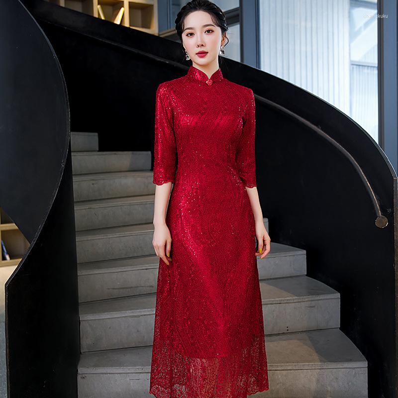 Ethnische Kleidung Yourqipao Stehkragen Rote Spitze Qipao Retro Mode Verbesserte Cheongsam Chinesischen Traditionellen Stil Hochzeit Abendkleid Für