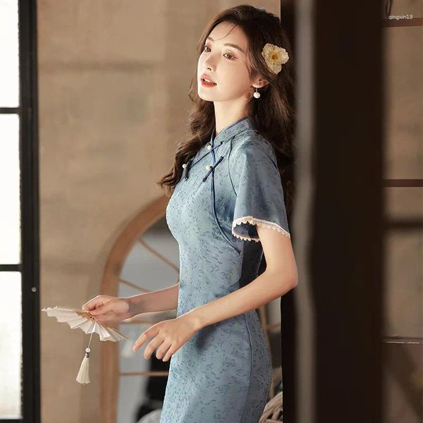 Vêtements ethniques Yourqipao été 2024 bleu amélioré Cheongsam plus taille jeunes filles élégantes rétro Qipao robe de soirée de style chinois pour