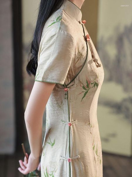 Vêtements ethniques Yourqipao été feuille de bambou impression lin long cheongsam élégant banquet décontracté robe de soirée de style chinois qipao pour