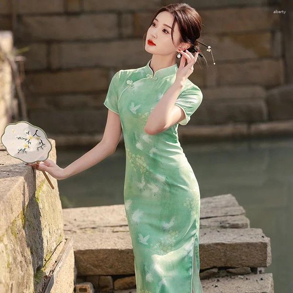 Ropa étnica Yourqipao Summer estilo chino hebilla hecha a mano elegante qipao vestido de lino de bambú de bambú cheongsam para mujeres