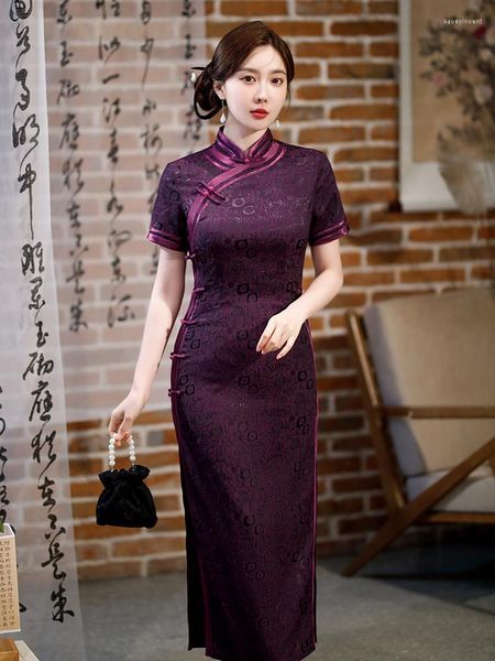 Vêtements ethniques Yourqipao Été Longue Soie Violet Cheongsam Catwalk Banquet Rétro Événement Hôte Qipao Style Chinois Robe De Soirée De Mariage Pour