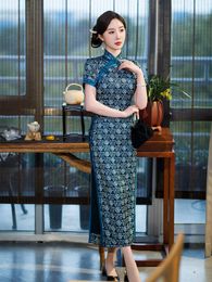 Etnische kleding Yourqipao Zomer Lang Slanke Zijde Blauw Cheongsam Catwalk Banket Elegante Qipao Chinese Traditionele Stijl Avondjurk Voor